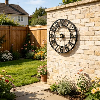 Outdoor Clock for Patio Waterproof, 14 Inch Large Outdoor Wall Clock Battery Operated, Silent Non-Ticking Metal Garden Clock for Pool, Porch, Backyard, Fence – Black Vintage Farmhouse Decor