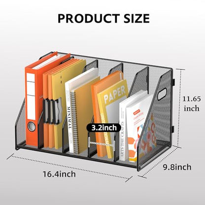 Binder Organizer, Magazine File Holder with 5 Vertical Rack, Black | Metal Desk File Organizer & Binder Holders, Magazine Organizers for Office Desktop, Home, School, Classroom
