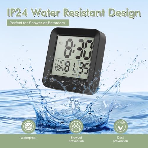 Waterproof Shower Clock, Digital Bathroom Kitchen Wall Clock Timer w/Temp. | w/Calendar, Touch Screen, Suction Cup, Hanging Hole, Battery Operated,Black