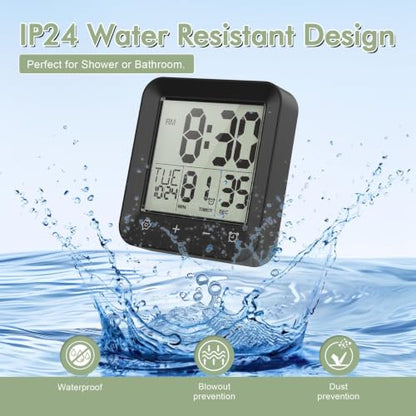 Waterproof Shower Clock, Digital Bathroom Kitchen Wall Clock Timer w/Temp. | w/Calendar, Touch Screen, Suction Cup, Hanging Hole, Battery Operated,Black
