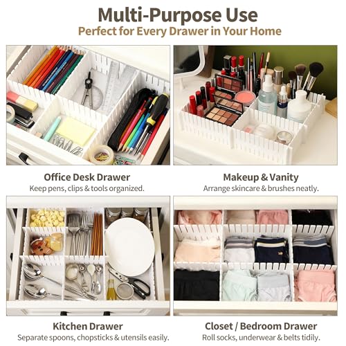 Adjustable Drawer Dividers, Cut-to-Fit DIY Organizers, White,16 Pack | For Tidying Cutlery, Makeup, Clothes and Dresses in Drawers, Desks and Storage Boxes for Kitchen, Bathroom, Bedroom & Office