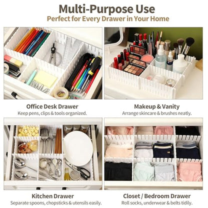 Adjustable Drawer Dividers, Cut-to-Fit DIY Organizers, White,16 Pack | For Tidying Cutlery, Makeup, Clothes and Dresses in Drawers, Desks and Storage Boxes for Kitchen, Bathroom, Bedroom & Office
