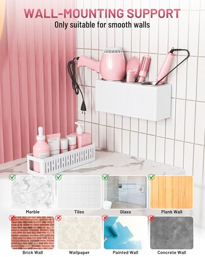 Hair Tool Organizer, Detachable Hair Dryer Holder with 3 Stainless Steel Cups, Wall Mounted Bathroom Organizers and Storage for Accessories, Curling Irons, Straighteners, Toiletries, Makeup