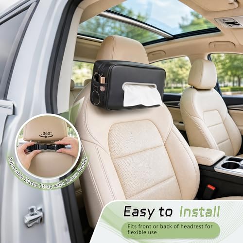Car Tissue Box Holder PU Leather Car Organizer with Side Storage Pockets | Tissue Box Cover, Fits 120-160 Standard Rectangular Tissue Boxes, Large Capacity Backseat Tissue Organizer for Car SUV Truck