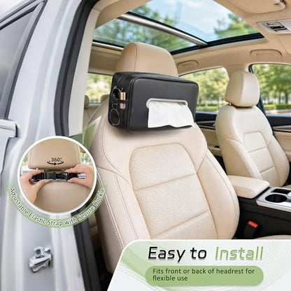 Car Tissue Box Holder PU Leather Car Organizer with Side Storage Pockets | Tissue Box Cover, Fits 120-160 Standard Rectangular Tissue Boxes, Large Capacity Backseat Tissue Organizer for Car SUV Truck