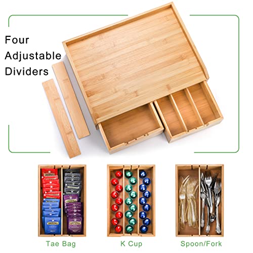 SOUJOY Bamboo 2 Drawer Coffee Pod Organizer with Side Box for K Cup Tea Bag | Space-Saving, Eco-Friendly, Natural Bamboo Organizer for Kitchen Counter, Coffee Bar, Office