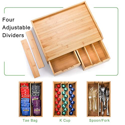 SOUJOY Bamboo 2 Drawer Coffee Pod Organizer with Side Box for K Cup Tea Bag | Space-Saving, Eco-Friendly, Natural Bamboo Organizer for Kitchen Counter, Coffee Bar, Office