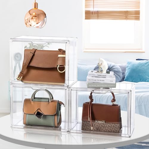 4 Packs Clear Plastic Handbag Storage Organizer for Closet Small | Acrylic Display Box for Handbag, Stackable Storage Boxes Bag Organizer with Magnetic Door for Purse Clutch Wallet Book