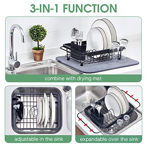 TOOLF Dish Drying Rack in Sink, Dish Drainer with Cup and Utensil Holder | Over The Sink Expandable Stainless Steel Strainer Dryer Rack for Small Kitchen, Counter Space Saving, Fast Drain, Rustproof
