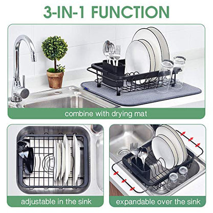 TOOLF Dish Drying Rack in Sink, Dish Drainer with Cup and Utensil Holder | Over The Sink Expandable Stainless Steel Strainer Dryer Rack for Small Kitchen, Counter Space Saving, Fast Drain, Rustproof