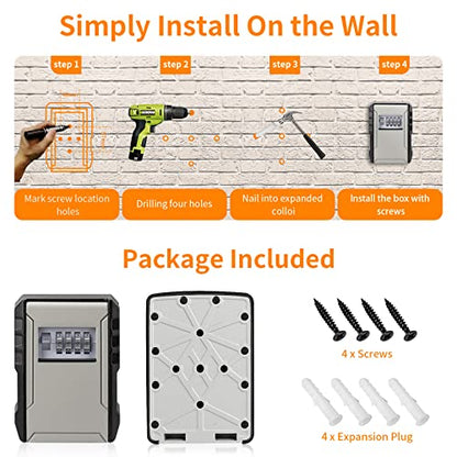 UPGRADE Extra Large Capacity Key Lock Box, Weatherproof Wall Mount Key Box for Car Keys, Fob, House Keys, Key Safe Security Storage Lock Box for Indoor, Outdoor, Garage, Garden, Store (1, Grey)