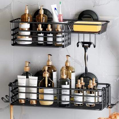 Shower Caddy Suction Cup, 2 Pack Shower Shelves fo... (2 Count | Black | Metal)