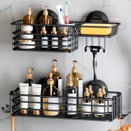 Shower Caddy Suction Cup, 2 Pack Shower Shelves fo... (2 Count | Black | Metal)