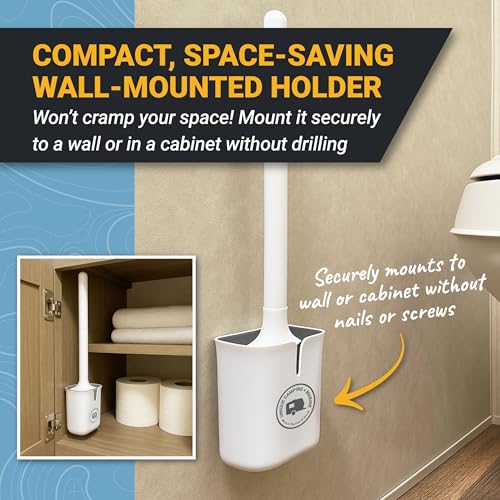 Unique Silicone RV Toilet Brush with Compact Holder | Non-scratch silicone bristles for RV toilet bowl cleaning; wall-mount no-drip holder saves camper bathroom space
