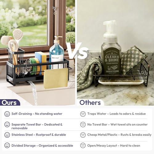 Sponge Holder for Kitchen Sink - Sink Caddy with Brush Holder Self-draining Sponge Caddy Organizer with Divider Stainless Steel Kitchen Accessories Storage for Countertop, Black