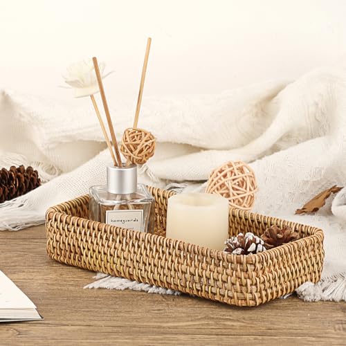 Hipiwe Key Basket for Entryway Table Small Natural Rattan Serving Tray | Wicker Storage Trays for Home Decor, Fruit Bowl Decorative Baskets for Kitchen, Coffee Table