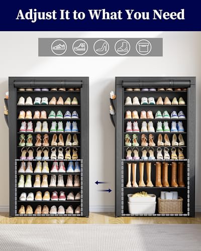 Kitsure 10-Tier Shoe Rack with Cover, Tall Shoe Shelf, 33" Wide, Black | Large Capacity Shoe Storage with Side Pocket, Shoe Organizer for Closet, Entryway, Bedroom, Zapateras Organizer