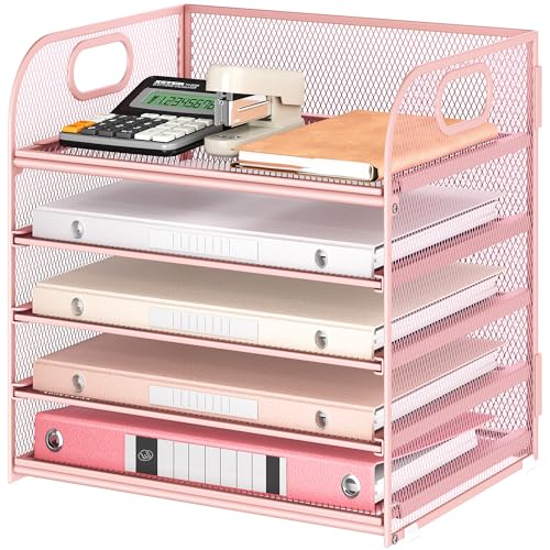 5 Tray Paper Organizer Letter Tray with Handle - M... (5 Tier - Pink | Metal)