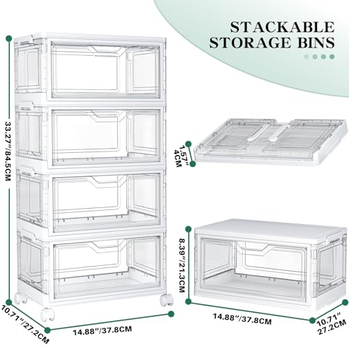 Kmiectse Clear Storage Bins with Lids - 4 Tier 23qt Plastic Stackable Bins | Closet Organizers Box for Bedroom, Living Room, 23 QT Folding Box with Magnetic door