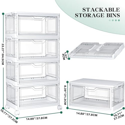 Kmiectse Clear Storage Bins with Lids - 4 Tier 23qt Plastic Stackable Bins | Closet Organizers Box for Bedroom, Living Room, 23 QT Folding Box with Magnetic door