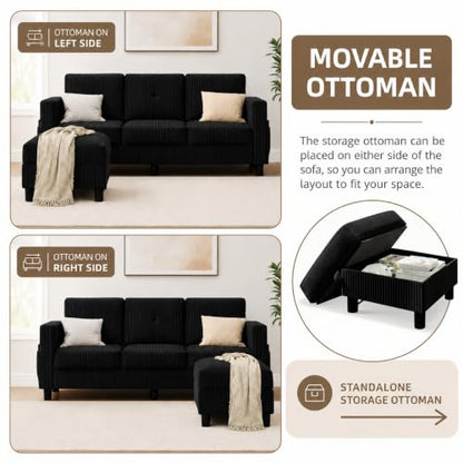 77" L-Shaped Corduroy Sectional Sofa with Storage Ottoman, Black