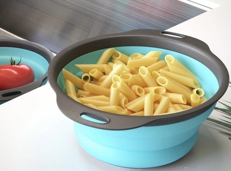 Set of 3 Niklye Ultimate Kitchen Strainers—1×10” & 2×12” Collapsible Silicone Colanders. Now more durable and robust for everyday use with pasta, veggies, fruit & more.