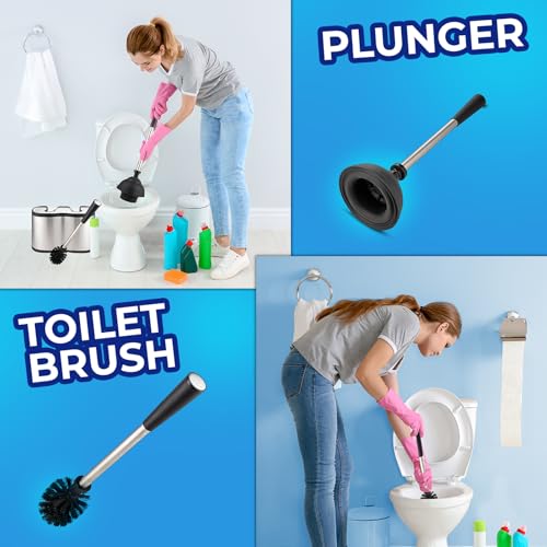 Toilet Brush and Plunger Set, Satin Nickel, Long Handle Freestanding | Satin Nickel, Toilet Brush + Plunger Combo, No-Rust Stainless Steel, Long Handle, Freestanding Canister