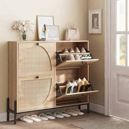 IRONCK Rattan Shoe Cabinet Storage with 4 Flip Drawers, Oak | Freestanding Shoe Storage Organizer Cabinet for Entryway, Narrow Shoe Rack Cabinet