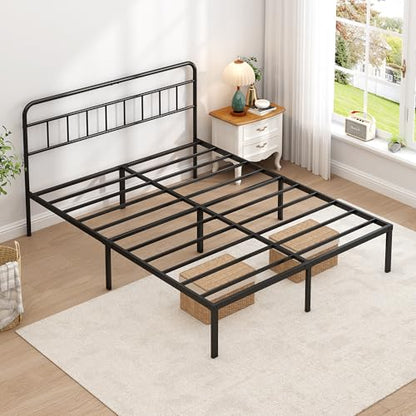Queen Bed Frame with Classic Headboard,Strong Metal Slats Support,Under Bed Storage Space,No Box Spring Needed,Easy to Assemble,Black