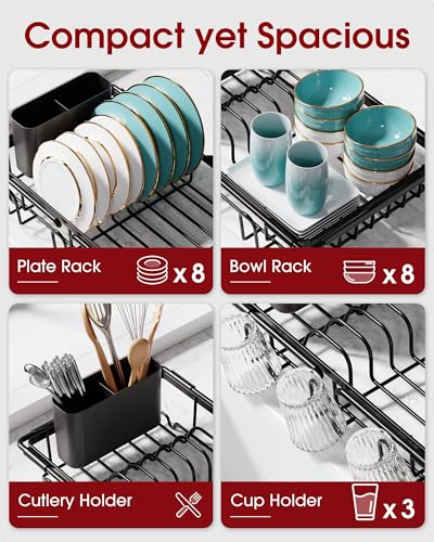 Dish Drying Rack in Sink - Expandable Stainless Steel Dish Rack Over the Sink, Kitchen Sink Drain Strainer with Cutlery Holder & Cup Holders, 15.4 x 9.8 x 3.0 Inch, Black