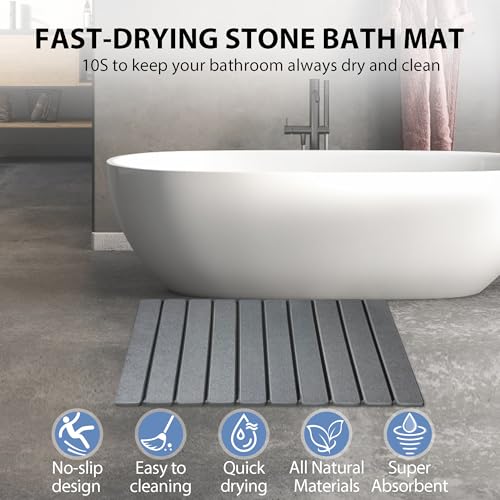Foldable Stone Bath Mat, Quick Drying Diatomaceous Earth Shower Mat with Non-Slip Rubber Backing, 23.6 x 15.4 inch, Super Absorbent Stone Mat for Bathroom Floor, Easy to Clean