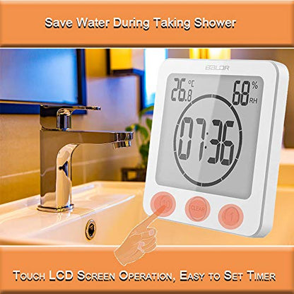 Waterproof Bathroom Wall Clock and Timer, Digital Water Resistant Hanging Timer for Shower, Large Display Kitchen Cooking Countdown Timers, Mirror Suction Clock with Temperature Humidity Meter (White)