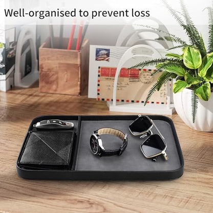 SENEN Leather Tray, Stylish and Organized Multifunctional Tray, for Table Entryway, Premium PU Leather, Catchall Tray for Keys, Watch, Wallet, Jewelry, and More (Black Frame)