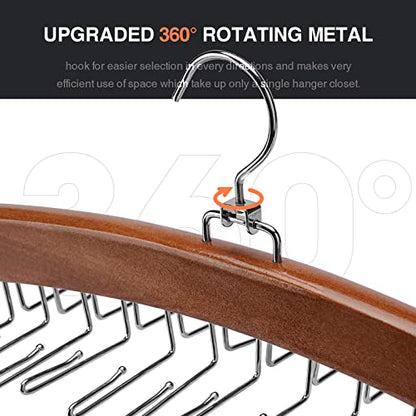 Tie Rack 2Pcs Tie Racks for Men Closet 24 Hooks, Wooden Tie Organizer with Upgraded 360°Rotating, Scarves Accessories Closet Organizer for Bras,Tank Tops,Camisoles etc.Walnut…