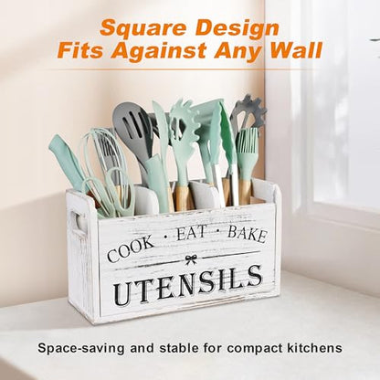Kitchen Utensil Holder with 3 Compartments, Wooden... (Brown | Wood)