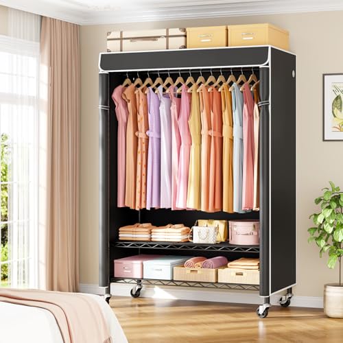 P6C Plus Rolling Clothes Rack with Cover, Covered Clothing Rack | Portable Closets for Hanging Clothes, Heavy Duty Garment Rack on Wheels, Black Closet Rack with Black Cover, Max Load 375LBS
