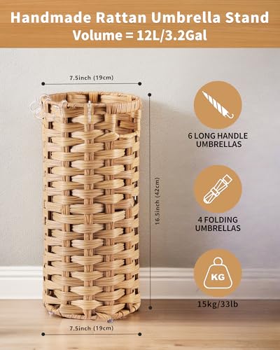 Rattan Umbrella Stand, Umbrella Holder for Entryway, Hand Woven Umbrella Rack Organizer Freestanding, with a Detachable Drip Tray, 4 Hooks, 7.5" L x 7.5" W x 16.5" H