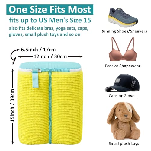 Shoe Washing Machine Bag for Sneaker Cleaning Laundry Shoe Bag, Yellow | Dual Compartment, Full Protection, Clasp-Lock Zipper, Dense Chenille, Bound Edge & Seams