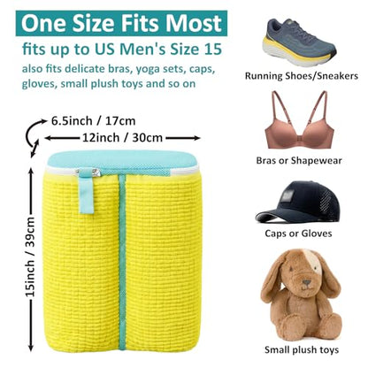 Shoe Washing Machine Bag for Sneaker Cleaning Laundry Shoe Bag, Yellow | Dual Compartment, Full Protection, Clasp-Lock Zipper, Dense Chenille, Bound Edge & Seams