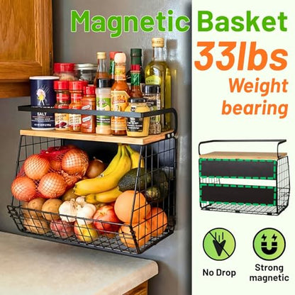 Magnetic Shelf for Fridge with Wood Lid, Fruit Potato and Onion Storage Bins, Pantry Organizers & Storage, Large Container Magnetic Spice Rack for Refrigerator, Kitchen Counter, Cabinet