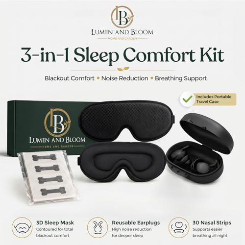 3-in-1 Sleep Kit for Women & Men - Eye Mask for Sleeping, Reusable Silicone Earplugs & 30 Nasal Strips | 3D Contoured Blackout Memory Foam | Travel Set for Snoring Relief | by Lumen and Bloom