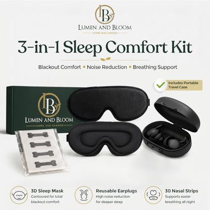 3-in-1 Sleep Kit for Women & Men - Eye Mask for Sleeping, Reusable Silicone Earplugs & 30 Nasal Strips | 3D Contoured Blackout Memory Foam | Travel Set for Snoring Relief | by Lumen and Bloom