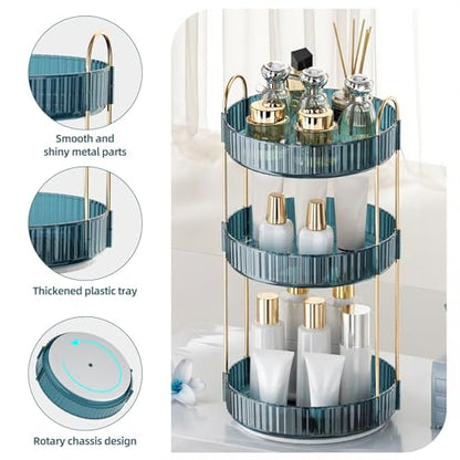 INVSSENE 360° Rotating Makeup Organizer, Bathroom Organizers and Storage Holder Rack, Large Capacity Vanity Shelf Countertop, Fits Cosmetics, Perfume, Skin Care(Blue, 3 Tiers)