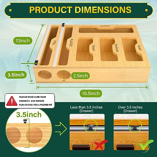 KOCWELL Bag Organizer and Plastic Wrap Dispenser with Cutter, 6 In 1 Bamboo Foil and Plastic Wrap Organizer for Kitchen Drawer, Food Storage Bag Organizer for Gallon,Quart,Sandwich,Snack(Yellow)