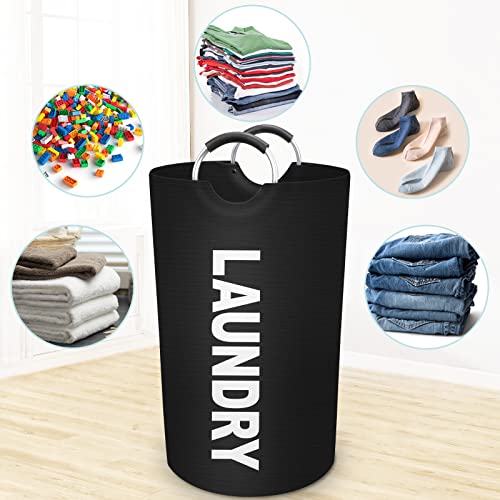 90L Large Laundry Basket, Dirty Clothes Waterproof Laundry Hamper, Black | Collapsible Laundry Basket with Foam Protected Aluminum Handles for Laundry Dorm Family, Black Dirty Clothes Hamper