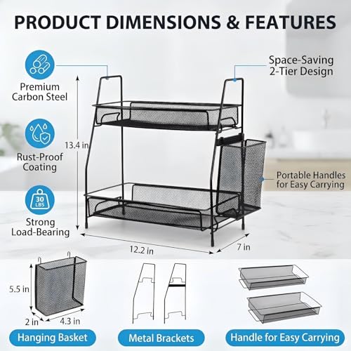2-Tier Bathroom Countertop Organizer,Skincare, Makeup Countertop Organizers, Kitchen, Bathroom Counter Storage with Small Basket (Black)