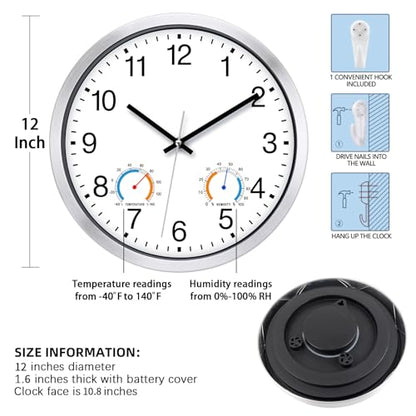 Caysie 12 Inch Indoor Outdoor Clocks Waterproof with Thermometer and Hygrometer Combo, Silent Battery Operated Quartz Metal Wall Clock for Patio Pool Bathroom Home (White)