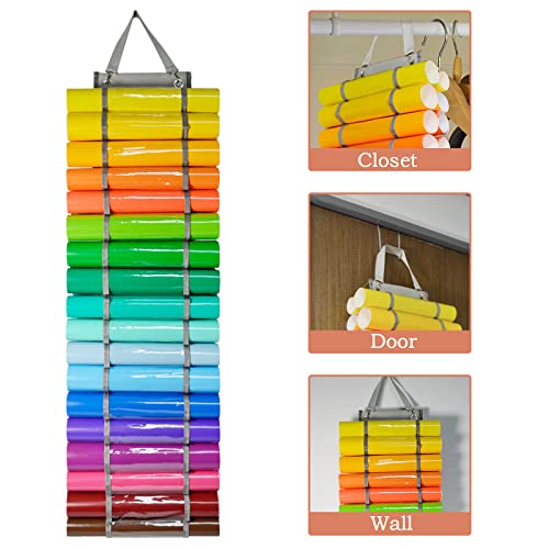 Tunnkit Vinyl Roll Holder, 36 Compartments with 7 Mesh Pockets Storage | Vinyl Storage Organizer, Wall Mount/Over The Door Vinyl Roll Storage, with 2 Hooks and 2 Hanging Straps, Grey