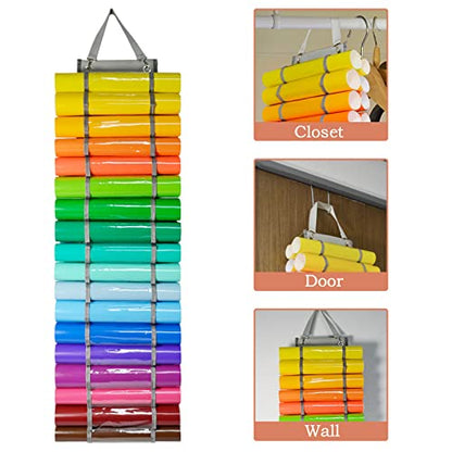Tunnkit Vinyl Roll Holder, 36 Compartments with 7 Mesh Pockets Storage | Vinyl Storage Organizer, Wall Mount/Over The Door Vinyl Roll Storage, with 2 Hooks and 2 Hanging Straps, Grey