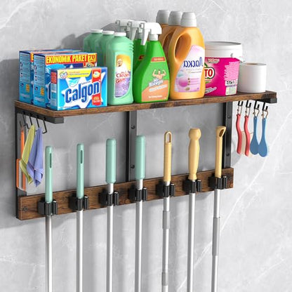 Housolution Wall Mount Broom Holder Laundry Room Storage Organizer Shelves | Thickened Metal Frame, 100 LBS High Load-Bearing, Large Capacity, Multifunctional with 7 Grippers & 8 Hooks